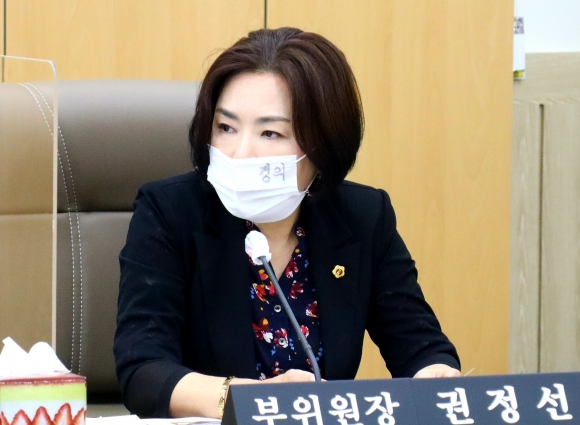 권정선 도의원이 2020년 경기도 행정사무감사에서 질의를 하고 있다.